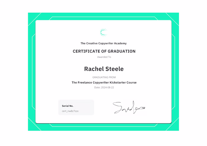 The Freelance Copywriter Kickstarter Course Certificate