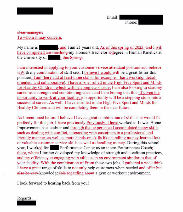 Proofread and Edited Cover Letter