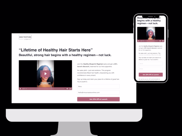 Her Texture Opt-in page with Thank You Page and Shopify Banner