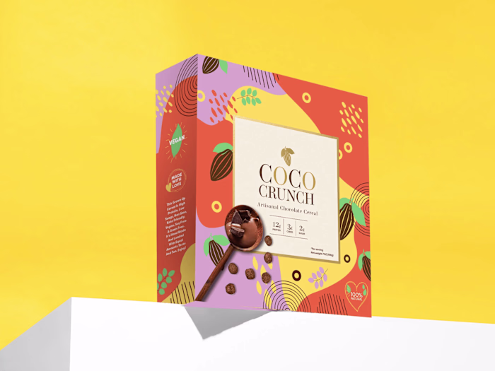 Branding and packaging design for a cereal brand.