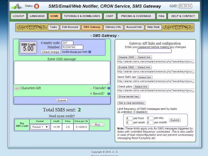 SMS/Email/Web Notifier, Cron service, SMS Gateway