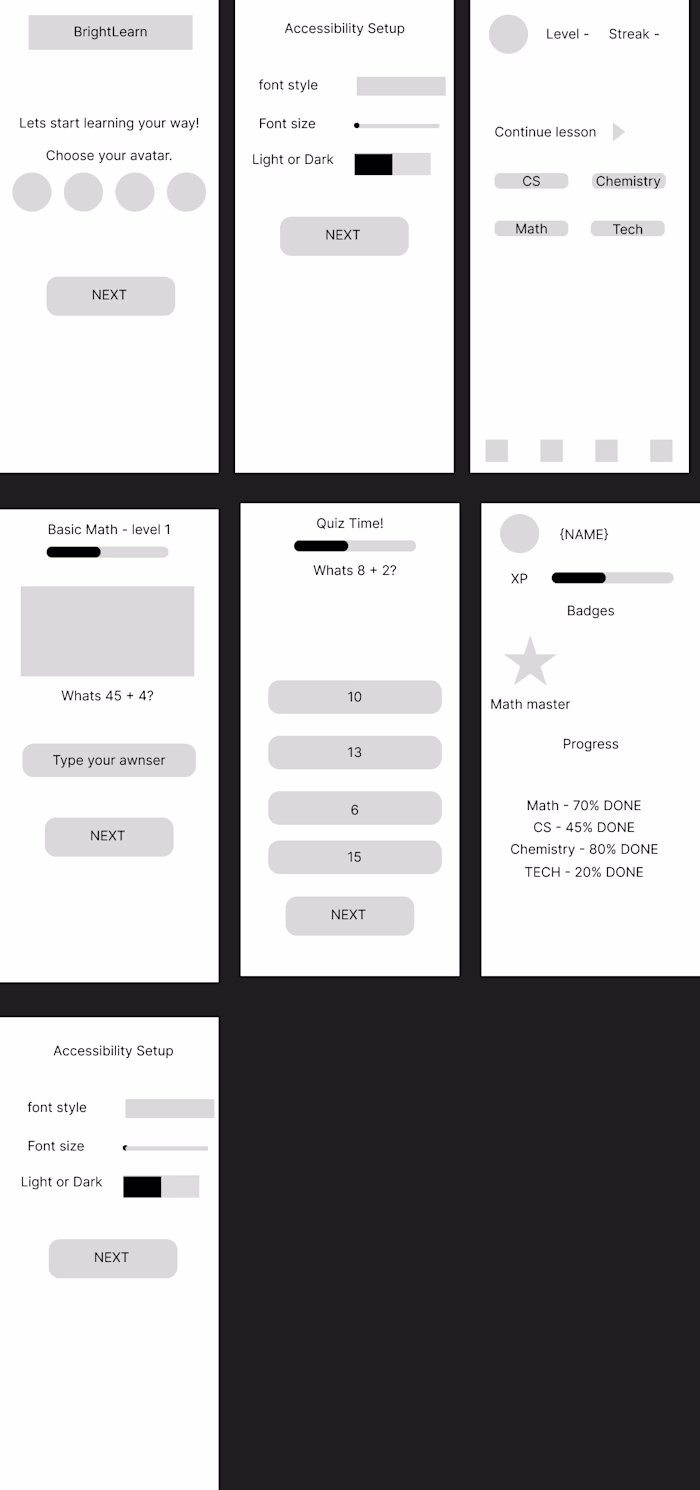 Youth learning app wire frame