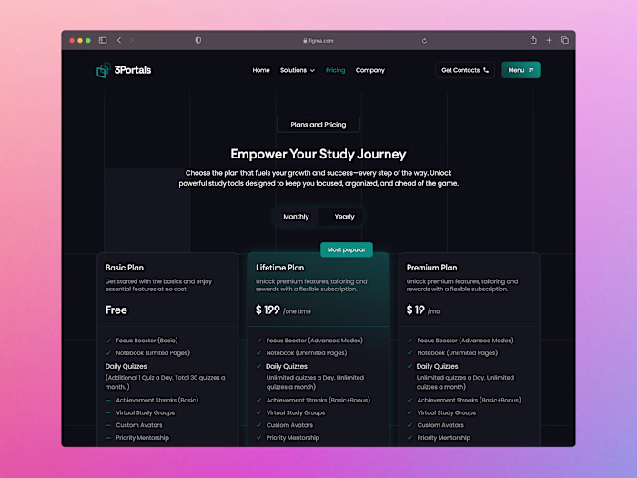 Education tech dashboard pricing section