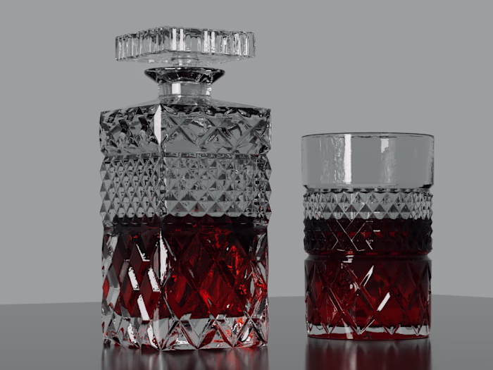 Photorealistic Whiskey Bottle and Glass Render