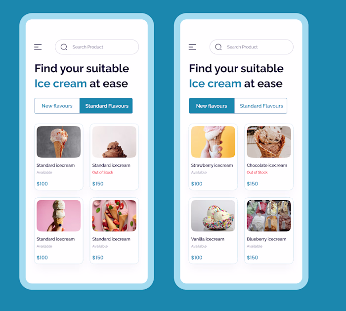 App design for Ice cream products page