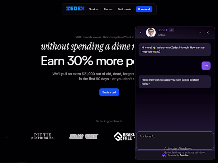 Custom AI Agent integrated in Zedex Infotech Website