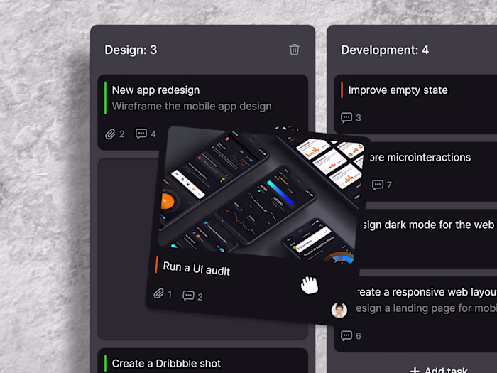 Drag and drop cards for a task management SaaS.