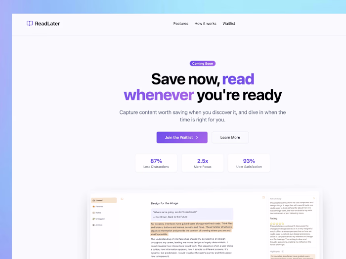ReadLater app landing page