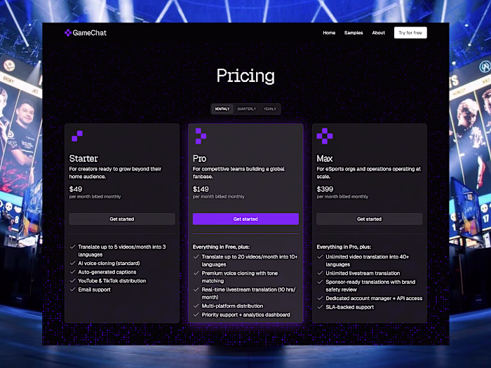 Optimize eSports AI Translation SaaS Pricing Page Design