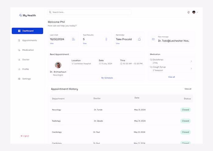 MyHealth-Patient Dashboard Design