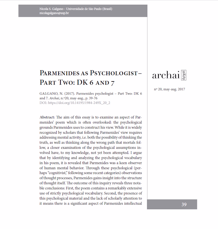 Galgano, "Parmenides as Psychologist," Archai #20, 2017