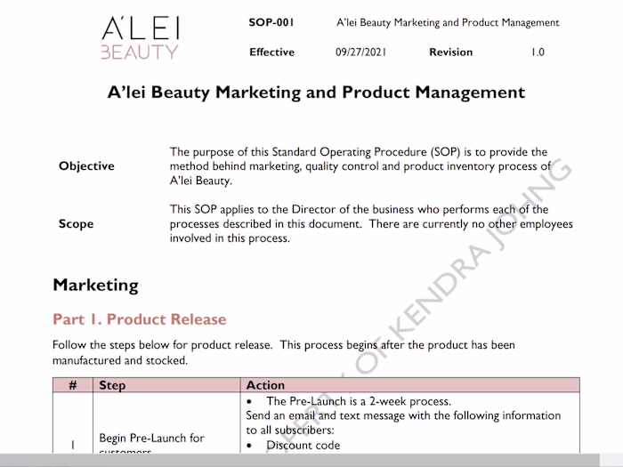 A'lei Beauty Marketing and Product Management SOP