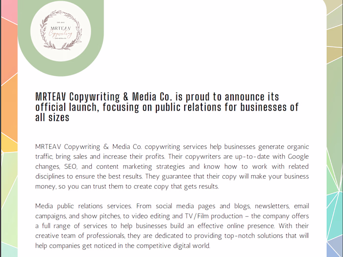 MRTEAV Copywriting & Media Co Press Release