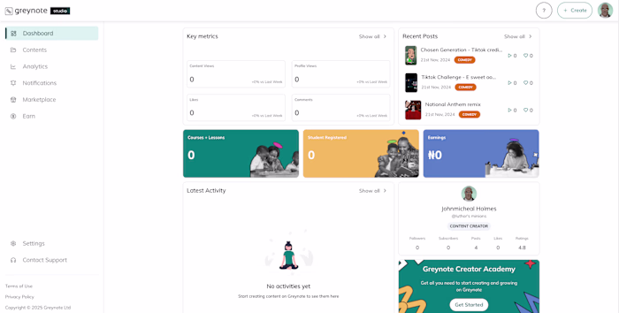Greynote Studio - Dashboard for Creators