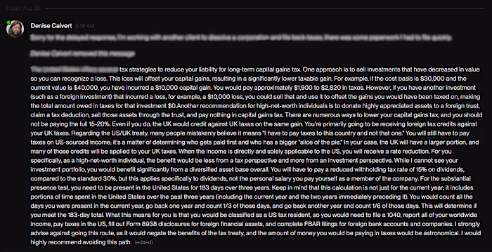 Direct message to a client seeking tax strategies for his U.S...