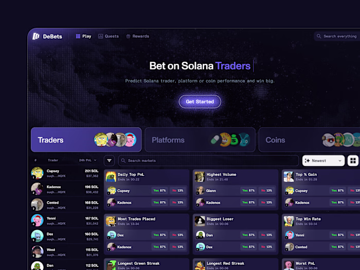 Debets UI: A prediction market platform for Solana trading.