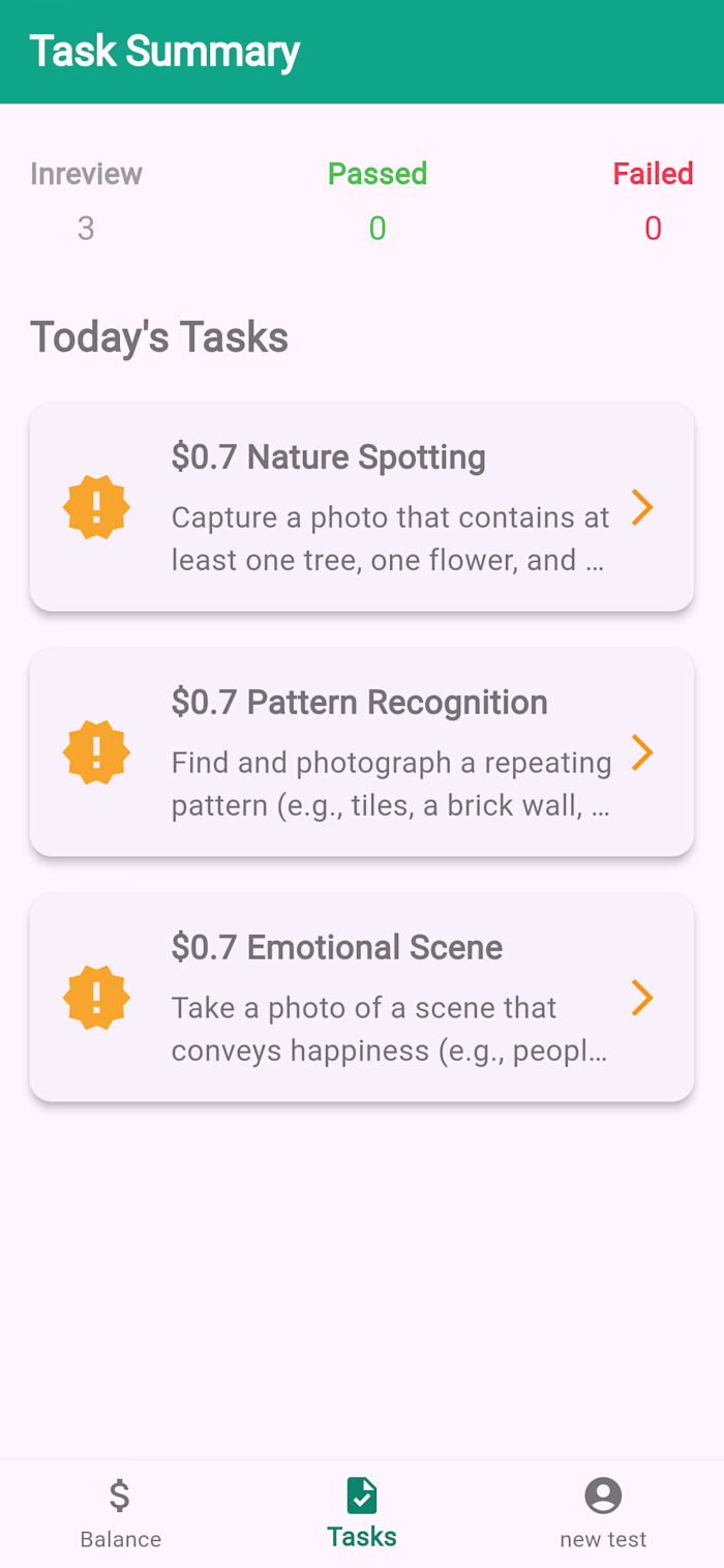 Complete tasks by submitting images. Prizes, failed, pending, a…
