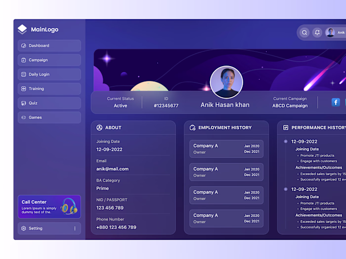 Tablet Profile Page Design