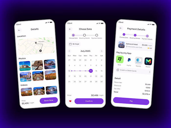 Hotel-Details, Chose Date & Payment Details Screen