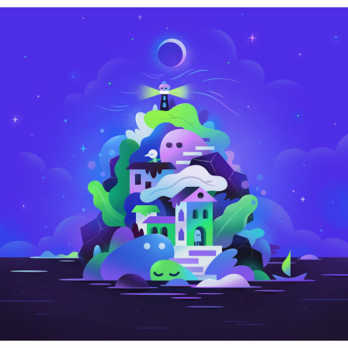 A whimsical nightscape blending architecture, nature, and em...