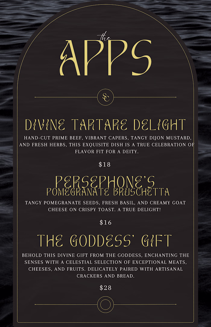 Goddess Themed Cocktail Lounge Menu