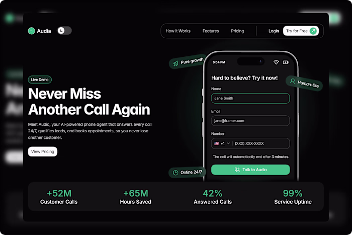 Audia - AI Call Agent Landing Page