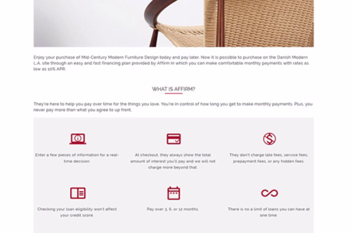Affirm layout for e-commerce site