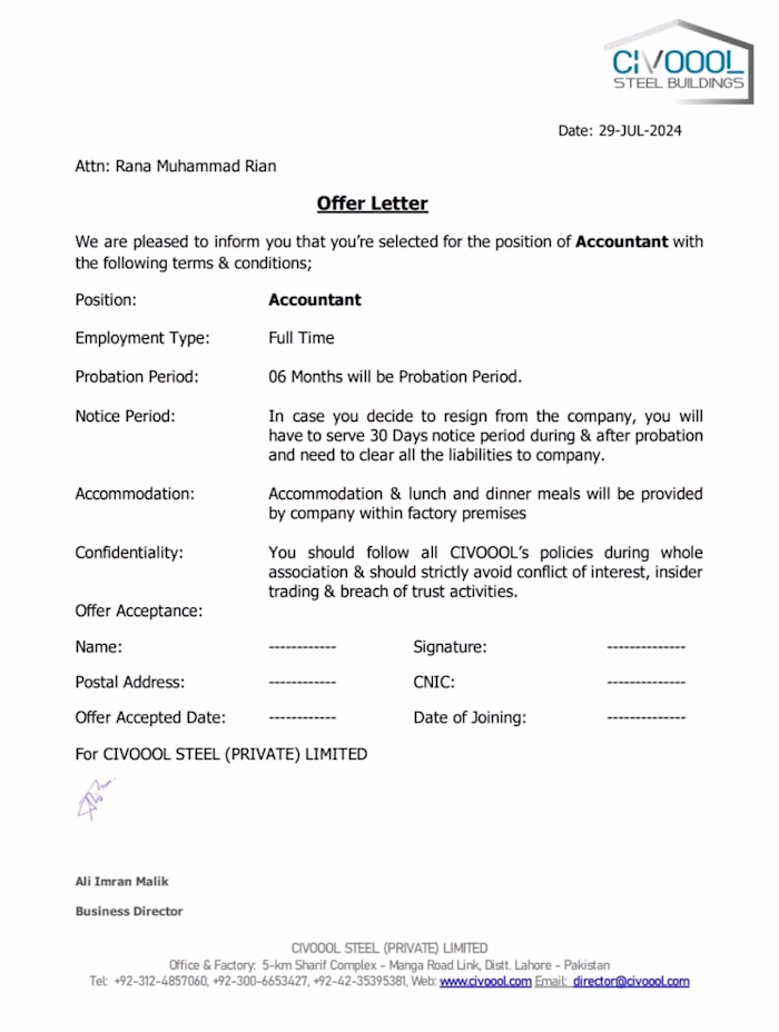 Accountant in Civoool Steel Pvt