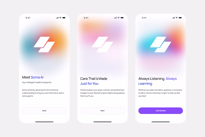 Onboarding mobile app screen for AI agent healthcare.