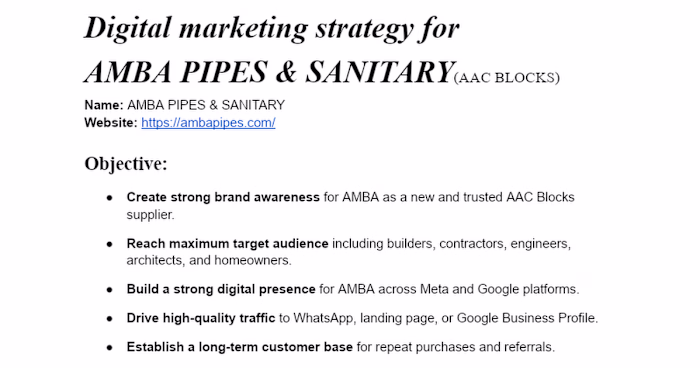 Digital Marketing Strategy for AMBA PIPES & SANITARY