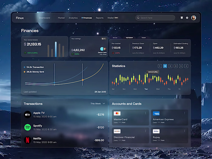 Finux - Finance Dashboard UI Design || Finux is a sleek, dar...