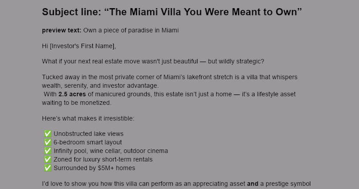 Luxury Miami Villa Email Campaign