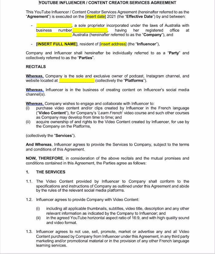 Influencer Content Creation Agreement