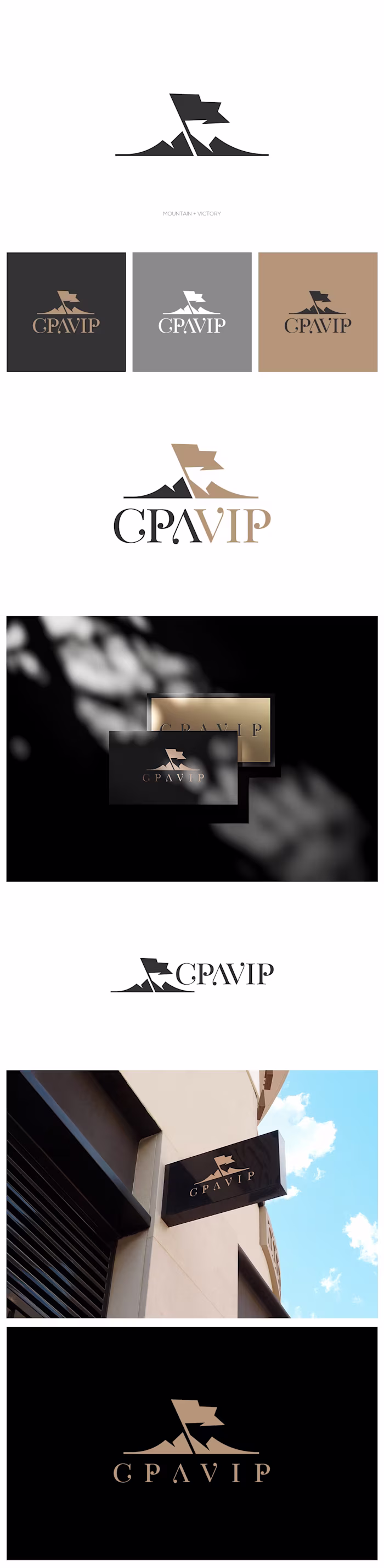 A classy logo combining mountain and victory in gold/black c...