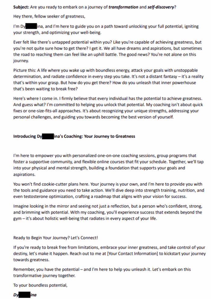 E-mail Copywriting for a fitness influencer