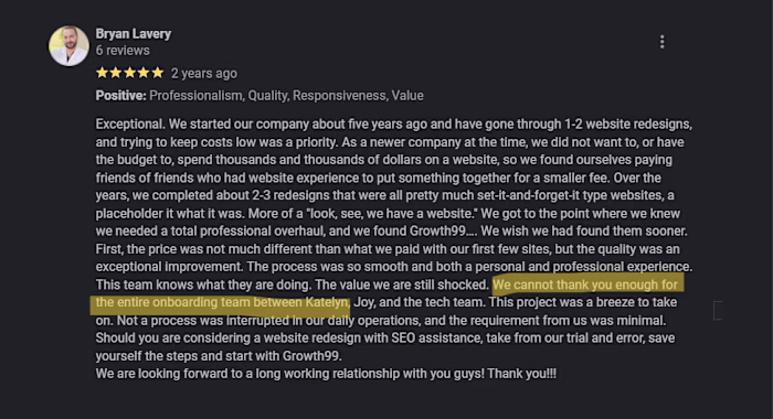 5 star Google review for web build and project management