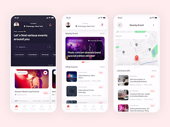 A modern and minimal Event Booking App UI focusing on easy e...