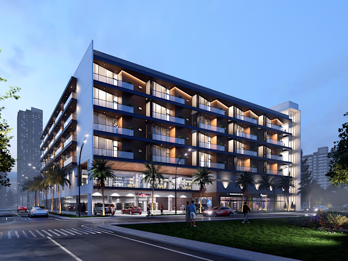 Mixed-use building 3d modeling and photorealistic rendering.