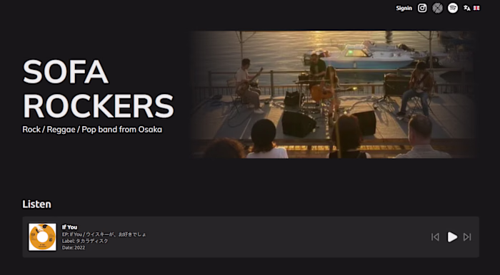 Landind page website for a music band from Osaka. 