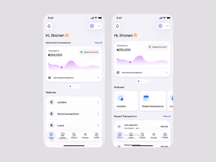 Mobile screens for a fintech app
