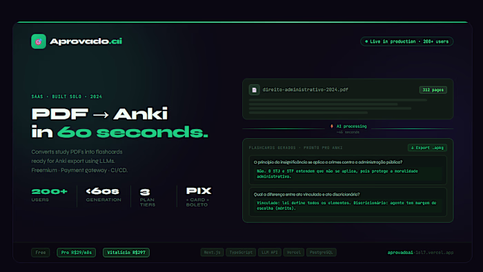 I built Aprovado.ai (http://Aprovado.ai) solo,