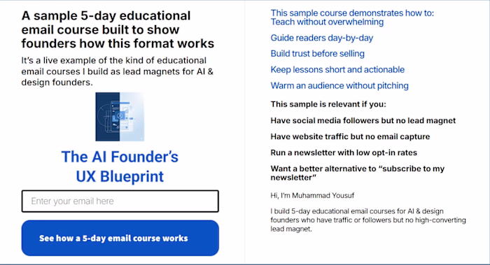 Landing page for an educational