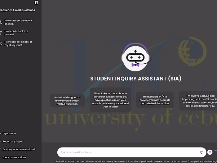 GitHub - gochuicod/SIA: Chatbot for UC Main