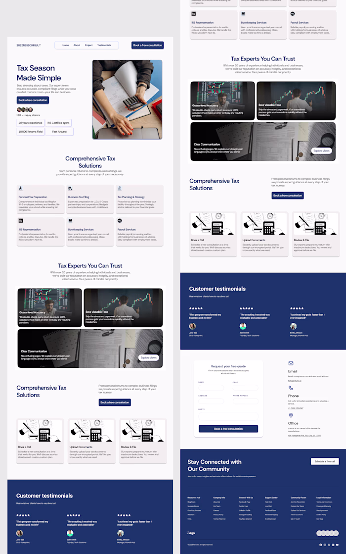 A clean, professional landing page design for a tax consulti...