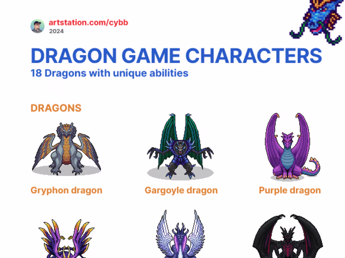 Dragon game characters (Pixel art + Character design)