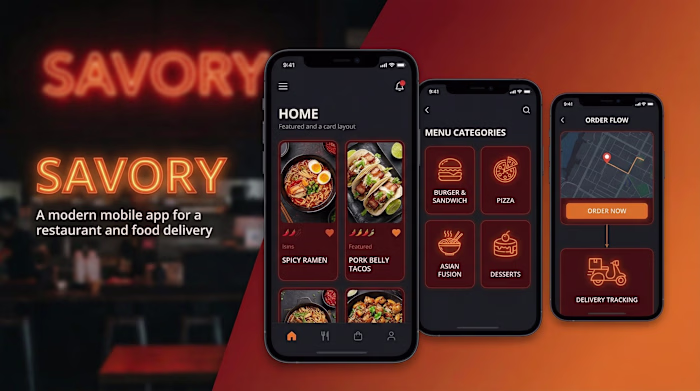 Savory
A dark-mode food delivery app