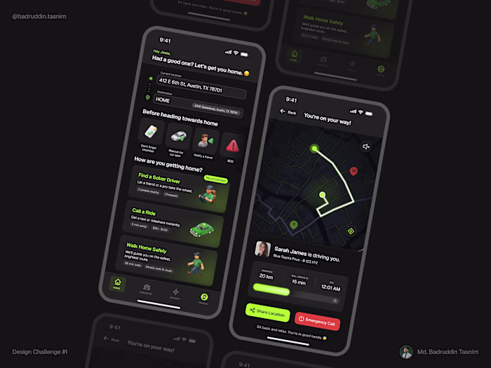 App UI design for a late-night navigation app for tipsy user...