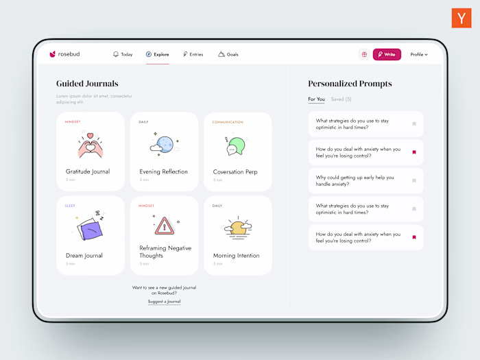 Product design for AI (SaaS) journal for mental health Rosebud