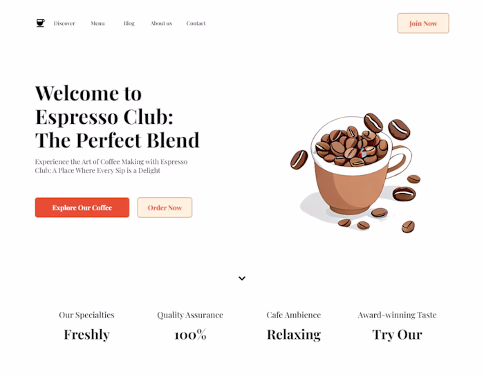 Home page design for a Coffee Shop named Espresso Club