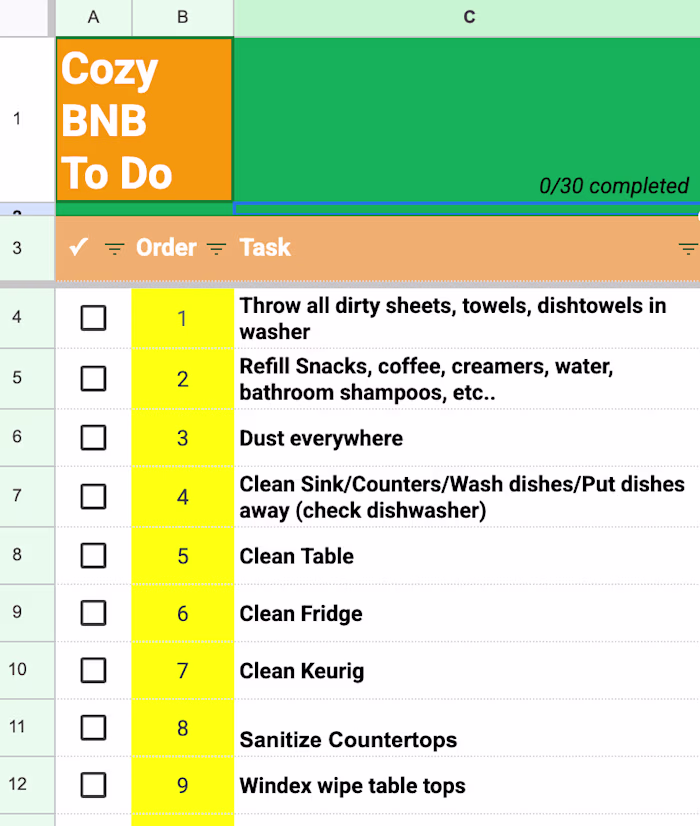 Google Spreadsheet AIR BNB Checklist 